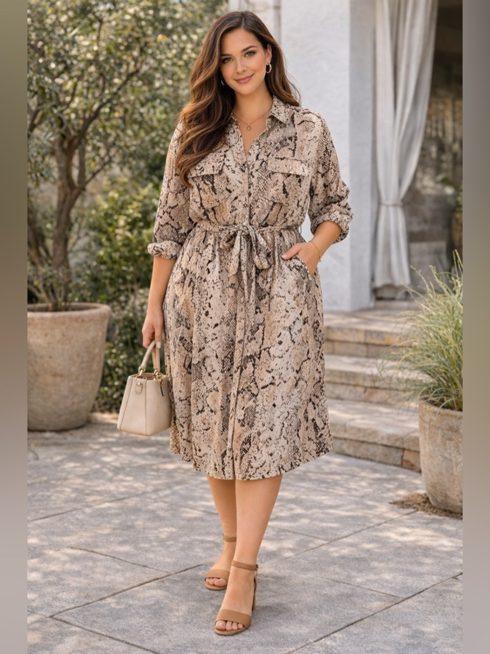 84 Millenium Snake Print Dress 1X Belted Tan Neutral Midi Button Front Plus